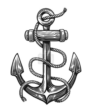 Illustration for Hand drawn ship sea Anchor with rope. Sketch vintage vector illustration - Royalty Free Image