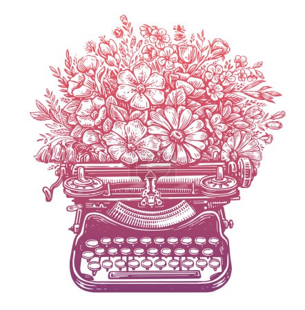 Ilustración de Máquina de escribir retro con flores. Técnica vintage con flores silvestres. Ilustración vectorial dibujada a mano - Imagen libre de derechos