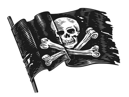 Ilustración de Bandera pirata con cráneo y huesos cruzados. Jolly Roger banner. Dibujo dibujado a mano ilustración vector vintage - Imagen libre de derechos