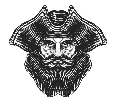 Illustration for Vector illustration of a pirate head. Hand drawn evil corsair with mustache and beard wearing cocked hat - Royalty Free Image