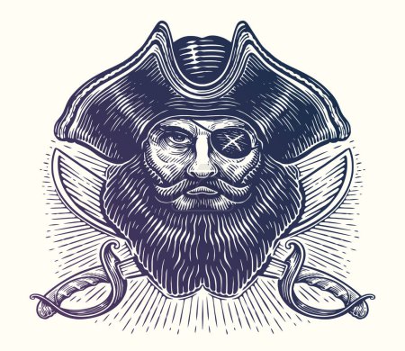 Ilustración de Cabeza de pirata sobre sables cruzados. Black Mark, Corsair, Jolly Roger. Vector ilustración boceto grabado estilo - Imagen libre de derechos