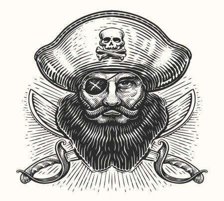 Ilustración de Cabeza de capitán pirata y sables. Dibujo dibujado a mano ilustración vector vintage - Imagen libre de derechos