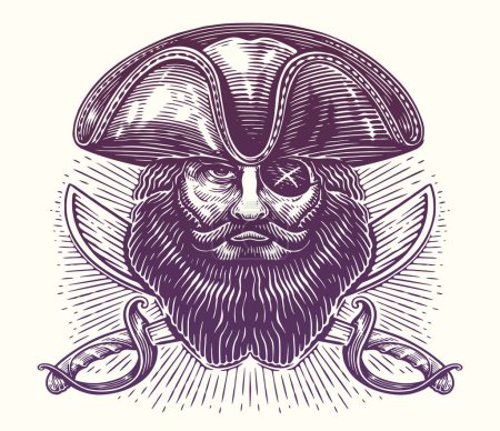 Illustration for Hand drawn head and saber of a pirate captain. Vintage sketch vector illustration - Royalty Free Image
