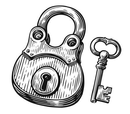 Illustration for Closed lock with key. Padlock and keyhole. Hand drawn sketch vintage vector illustration - Royalty Free Image