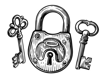 Illustration for Padlock and keyhole. Closed lock with key. Hand drawn sketch vintage vector illustration - Royalty Free Image