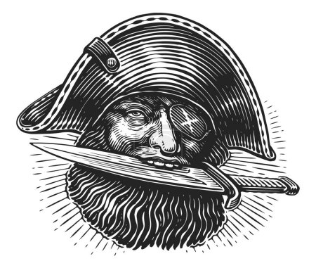 Ilustración de Pirata con cuchilla, estilo retrato grabado. Dibujo dibujado a mano ilustración vector vintage - Imagen libre de derechos