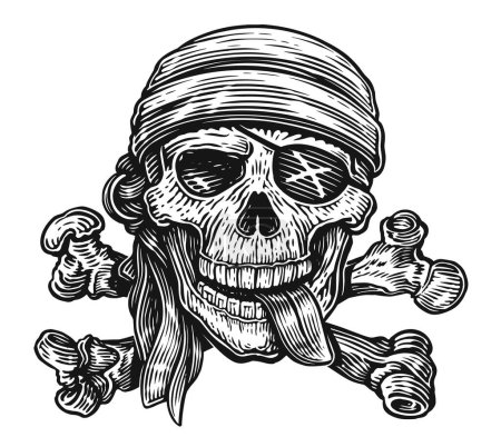 Illustration for Jolly Roger wearing a bandana and an eye patch. Human skull with crossbones in vintage engraving style. Vector sketch illustration - Royalty Free Image