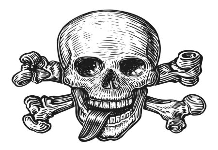 Téléchargez les illustrations : Crâne avec os croisés. Symbole pirate Gravure croquis Jolly Roger. Illustration vectorielle dessinée main - en licence libre de droit
