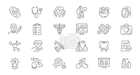 Illustration for Healthcare and medicine icon set in outline linear style. Hospital or pharmacy concept vector illustration - Royalty Free Image