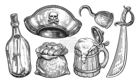 Illustration for Pirate concept. Set of items in engraving style. Hand drawn sketch vector illustration - Royalty Free Image