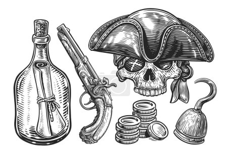 Téléchargez les illustrations : Concept Pirate dessiné à la main. Esquisse illustration vectorielle vintage. Collection d'articles - en licence libre de droit