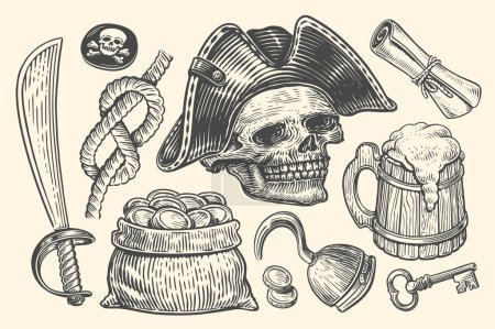 Ilustración de Concepto de pirata, conjunto de artículos. Ilustración de vectores dibujados a mano en estilo grabado - Imagen libre de derechos