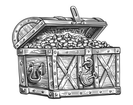 Illustration for Pirate chest full of treasures of gold coins and precious stones. Hand drawn vector illustration in engraving style - Royalty Free Image