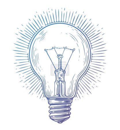 Illustration for Glowing retro light incandescent bulb with rays. Hand drawn sketch vintage vector illustration - Royalty Free Image