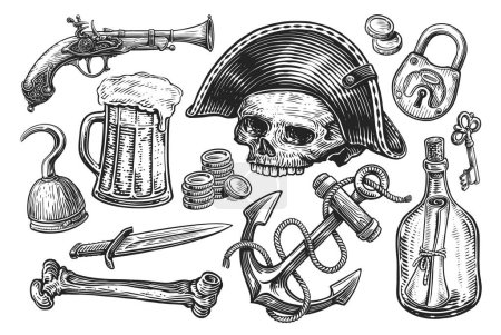 Illustration for Pirate concept. Hand drawn objects engraving style. Sketch illustration - Royalty Free Image