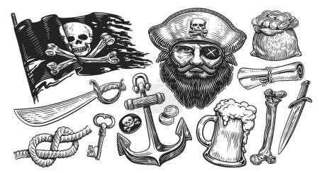 Téléchargez les illustrations : Concept de pirate. Illustration de croquis. Objets dessinés à la main style de gravure - en licence libre de droit