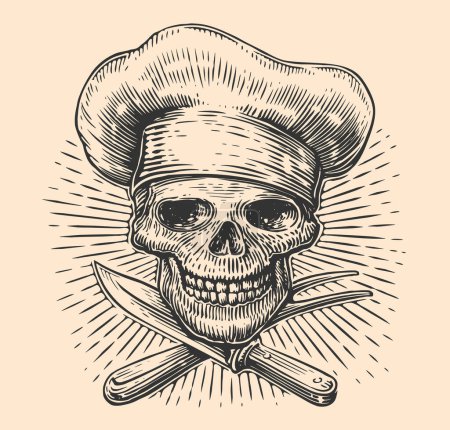 Ilustración de Chef Calavera. Cabeza de esqueleto en sombrero de cocina y utensilios de cocina para preparar barbacoa o comida a la parrilla. Ilustración vectorial - Imagen libre de derechos