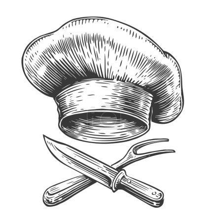 Téléchargez les illustrations : Chapeau de chef et couteau croisé, fourchette. Grillades, emblème du barbecue. Esquisse dessinée à la main illustration vectorielle vintage - en licence libre de droit