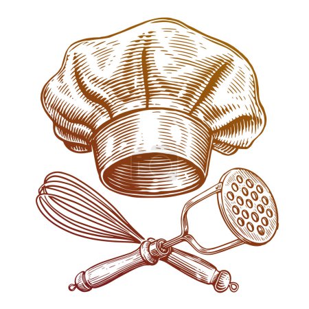 Illustration for Chef hat and crossed kitchen tools. Food concept, bakeshop bakery emblem. Hand drawn sketch vintage vector illustration - Royalty Free Image