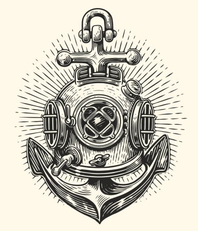 Illustration for Ship anchor and old underwater diving helmet. Hand drawn sketch vintage vector illustration - Royalty Free Image