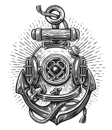 Illustration for Hand drawn vintage anchor with metal diving helmet, black and white illustration in engraving style. Marine theme vector sketch - Royalty Free Image