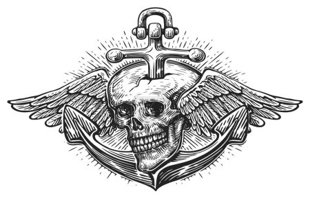 Ilustración de Ancla y cráneo humano con alas, dibujo estilo grabado. Símbolo de libertad, marinería. Ilustración de vector Vintage - Imagen libre de derechos