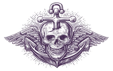 Illustration for Old ship anchor and skull with wings. Hand drawn vintage vector illustration, sketch engraving style - Royalty Free Image