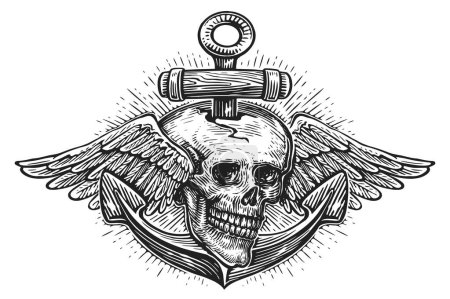 Illustration for Skull with wings and old ship anchor. Hand drawn vintage illustration, sketch engraving style - Royalty Free Image