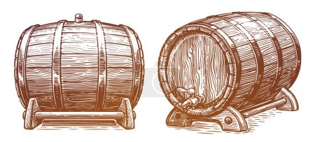 Ilustración de Un barril de madera. Boceto en barrica de roble estilo grabado. Ilustración de vector vintage dibujado a mano - Imagen libre de derechos