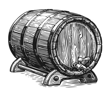 Illustration for Wooden barrel with tap for wine, beer or whiskey. Hand drawn sketch vintage illustration engraving style - Royalty Free Image