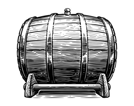 Ilustración de Un barril de madera. Cañón para vino, cerveza o whisky. Dibujo dibujado a mano ilustración vintage estilo grabado - Imagen libre de derechos
