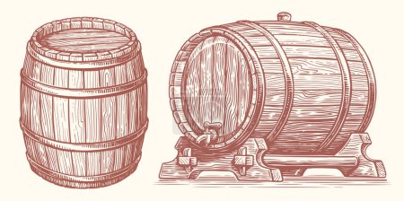 Ilustración de Barril de madera, ilustración vectorial de estilo grabado dibujado a mano. Dibujo de barril o barril de roble - Imagen libre de derechos
