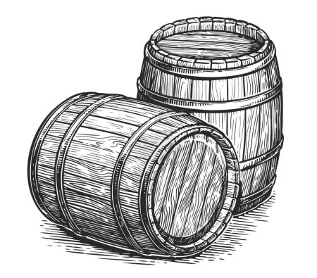 Téléchargez les illustrations : Barils en bois pour boissons alcoolisées. Fûts de chêne avec vin ou bière. Illustration de style gravure à la main - en licence libre de droit