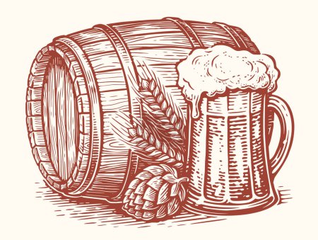 Ilustración de Taza de barril de madera y vidrio de cerveza con lúpulo y espigas de trigo. Cervecería, ilustración del vector vintage del boceto del pub - Imagen libre de derechos