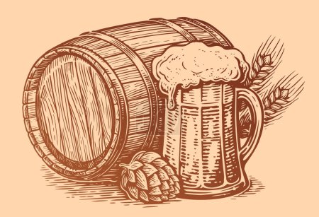 Téléchargez les illustrations : Tasse à bière dessinée à la main et baril en bois. Illustration vectorielle de croquis vintage - en licence libre de droit