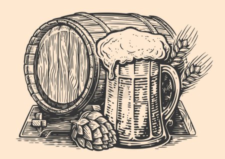 Téléchargez les illustrations : Mug et baril de bière. Style esquisse dessiné à la main. Pub, illustration vectorielle brasserie - en licence libre de droit