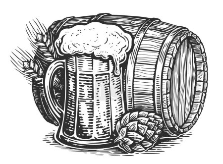 Illustration for Beer in barrel and mug, sketch style. Hand drawn illustration for pub, brewery or restaurant menu - Royalty Free Image