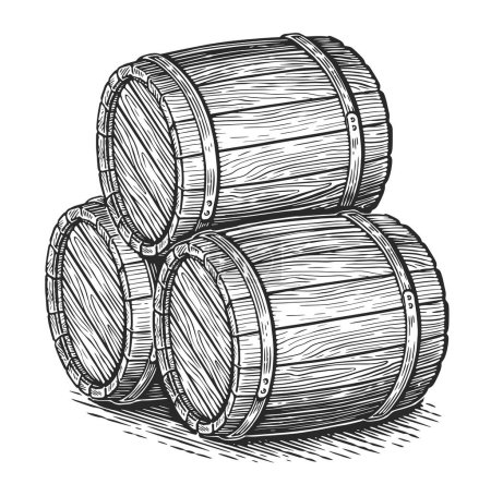 Téléchargez les illustrations : Trois fûts en bois pour le vin et d'autres alcools. Croquis en fûts de chêne. Illustration vectorielle vintage - en licence libre de droit