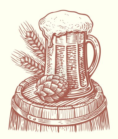 Illustration for Glass mug of beer on wooden barrel. Brewery, pub sketch. Hand drawn vintage vector illustration - Royalty Free Image