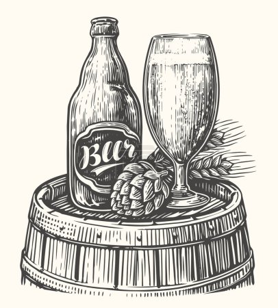 Téléchargez les illustrations : Bouteille et tasse de bière sur fût en bois. Pub, croquis de brasserie. Illustration vectorielle vintage dessinée à la main - en licence libre de droit
