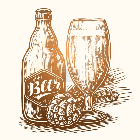 Téléchargez les illustrations : Tasse à bière et bouteille en verre remplie de bière. Illustration vectorielle, dessin à la main - en licence libre de droit