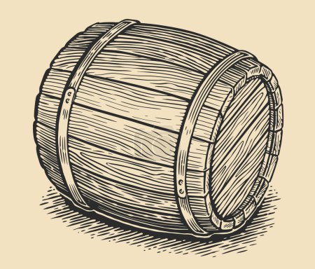 Téléchargez les illustrations : Baril en bois pour stocker les boissons alcoolisées. Croquis en fûts de chêne. Illustration vectorielle de style gravure vintage - en licence libre de droit