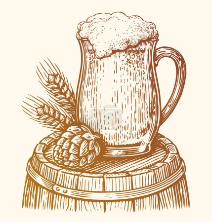 Téléchargez les illustrations : Gobelet en verre dessiné à la main avec boisson à la bière. Pub, croquis de brasserie. Illustration vectorielle vintage - en licence libre de droit