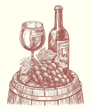 Téléchargez les illustrations : Bouteille de vin et verre de vin sur tonneau wodden. Vignoble, croquis de vignoble. Illustration vectorielle vintage - en licence libre de droit