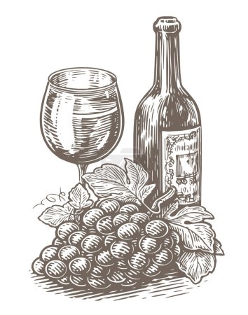 Ilustración de Botella y copa de vino, racimo de uvas. Bodega, bosquejo del viñedo. Ilustración de vector Vintage - Imagen libre de derechos