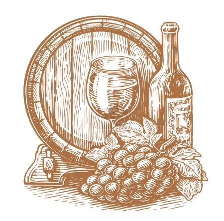Wine bottle, glass and wooden barrel. Winery, vineyard sketch. Vintage vector illustration