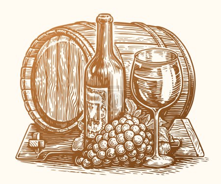 Illustration for Hand drawn bottle and glass of wine, barrel. Winery sketch vintage vector illustration - Royalty Free Image