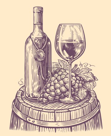 Téléchargez les illustrations : Bouteille de vin avec verre à vin et raisins. Croquis de cave. Illustration vectorielle style gravure vintage - en licence libre de droit