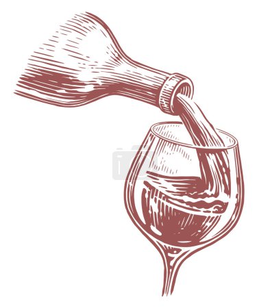 Téléchargez les illustrations : Vin coulant de la bouteille dans le verre, verre à vin. Illustration vectorielle croquis dessinée à la main - en licence libre de droit