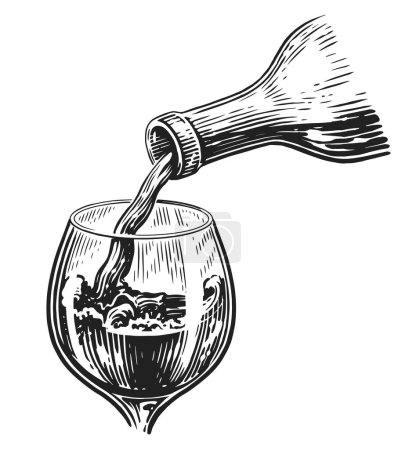 Téléchargez les illustrations : Wine drink pouring from bottle into glass. Hand drawn sketch illustration engraving style - en licence libre de droit